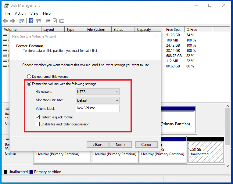 Format option for second internal hard disk partition
